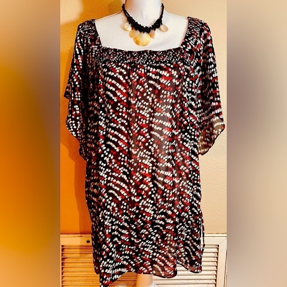 ❤️ SHEER DRAWSTRING WAIST Blouse Loud Flowy Red Black White Boxy Sleeves Sz 14 - Picture 1 of 11